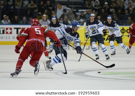 MINSK, BELARUS - MAY 15:Finland defeated Belarus 2-0 during the IIHF World Championship match between Denmark and Italy at Minsk Arena on May 15, 2014 in Minsk, Belarus.