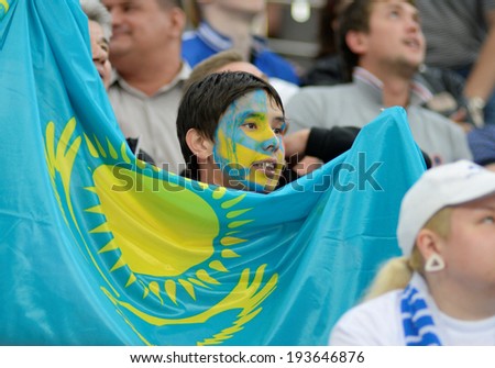 MINSK, BELARUS - MAY 19: Fan of Kazakhstan  during 2014 IIHF World Ice Hockey Championship match at Minsk Arena on May 19, 2014 in Minsk, Belarus.