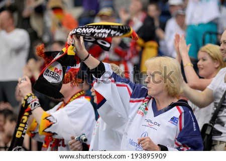 MINSK, BELARUS - MAY 20: Fans of Germany celebrates during 2014 IIHF World Ice Hockey Championship match on May 20, 2014 in Minsk, Belarus