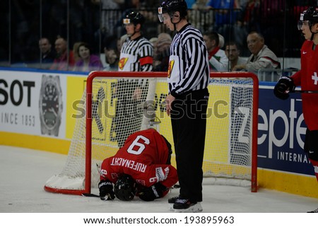MINSK, BELARUS - MAY 20: RUFENACHT Thomas (9) of Switzerland during 2014 IIHF World Ice Hockey Championship match on May 20, 2014 in Minsk, Belarus