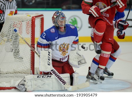 MINSK, BELARUS - MAY 20: BOBROVSKI Sergei of Russia catch the puck during 2014 IIHF World Ice Hockey Championship match on May 20, 2014 in Minsk, Belarus.
