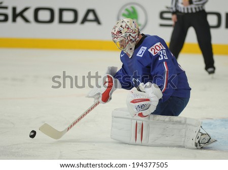 MINSK, BELARUS - MAY 22: HUET Cristobal of France saves the puck during 2014 IIHF World Ice Hockey Championship quarterfinal  match on May 22, 2014 in Minsk, Belarus.