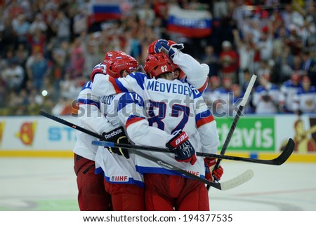 MINSK, BELARUS - MAY 22: Russian team celebrates during 2014 IIHF World Ice Hockey Championship quarterfinal match on May 22, 2014 in Minsk, Belarus.