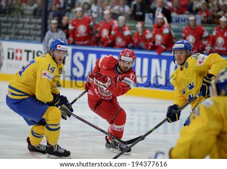 MINSK, BELARUS - MAY 22: KALYUZHNY Alexei of Belarus shoot the puck during 2014 IIHF World Ice Hockey Championship quarterfinal match on May 22, 2014 in Minsk, Belarus.