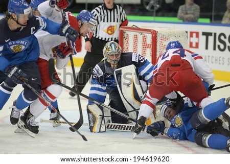 MINSK, BELARUS - MAY 24: RINNE Pekka (35) of Finland looks on during 2014 IIHF World Ice Hockey Championship semifinal match at Minsk Arena on May 24, 2014 in Minsk, Belarus.