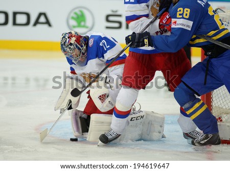 MINSK, BELARUS - MAY 24: BOBROVSKI Sergei (72) of Russia saves the puck during 2014 IIHF World Ice Hockey Championship semifinal match at Minsk Arena on May 24, 2014 in Minsk, Belarus.