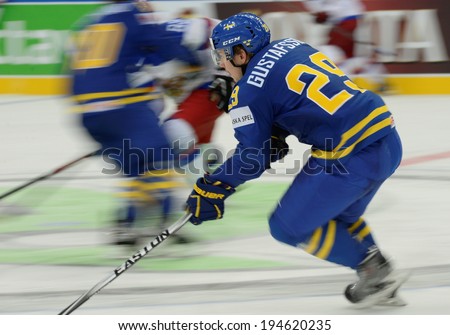 MINSK, BELARUS - MAY 24: GUSTAFSSON Erik(29) of Sweden skates up the ice during 2014 IIHF World Ice Hockey Championship semifinal match at Minsk Arena on May 24, 2014 in Minsk, Belarus.