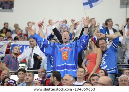 MINSK, BELARUS - MAY 25: Fans of Finland celebrates during 2014 IIHF World Ice Hockey Championship final at Minsk Arena