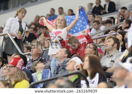 MINSK, BELARUS - MAY 20: Fan of USA during 2014 IIHF World Ice Hockey Championship match at Minsk Arena on May 20, 2014 in Minsk, Belarus.