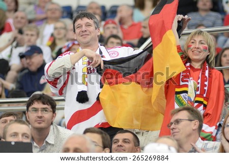 MINSK, BELARUS - MAY 20: Fans of Germany during 2014 IIHF World Ice Hockey Championship match at Minsk Arena on May 20, 2014 in Minsk, Belarus.