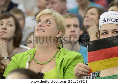 MINSK, BELARUS - MAY 20: Fans of Germany during 2014 IIHF World Ice Hockey Championship match at Minsk Arena on May 20, 2014 in Minsk, Belarus.