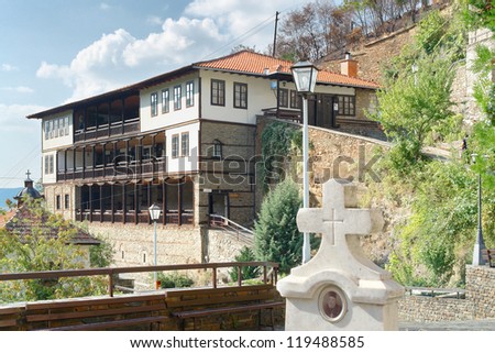 old ancient church complex and monastery, st. Joakim Osogovski, Macedonia, front view of stone grave christ