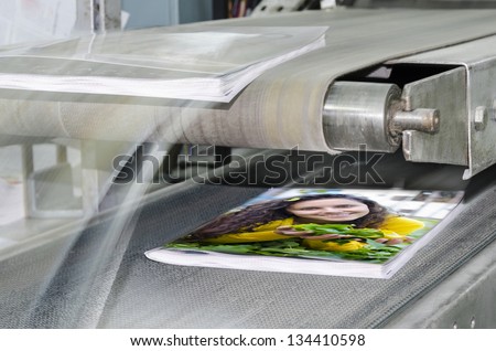 book, magazine production line into press plant house. Binding product.