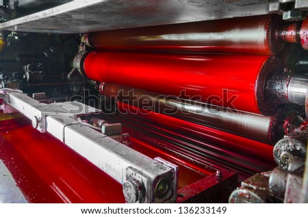 Print Machine Printing Press Rollers, Red Magenda Color Drum, Dramatic Light
