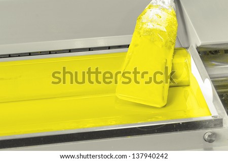 yellow ink roller, printing press industrial machine, hand caution sign for awareness