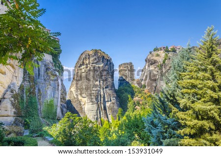 Monastery on top of rock in Meteora, Greece.  It belongs to the UNESCO World Heritage Site and was set for James Bond movie