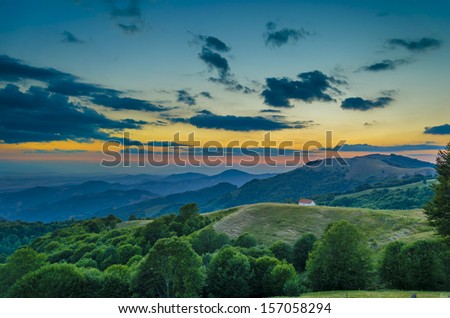 Majestic sunset in the mountains landscape. Overcast sky before storm.Macedonia, Europe. Beauty world.