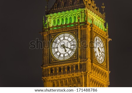 Vintage look Big Ben Houses of Parliament Westminster Palace London gothic architecture - over dark dramatic sky background