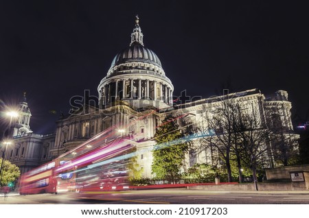 St Paul\'s cathedral with blurred bus trail at night, VINTAGE