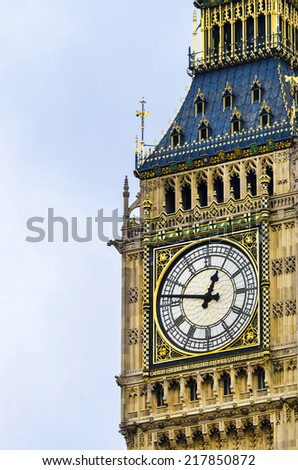 Vintage look Big Ben Houses of Parliament Westminster Palace London gothic architecture, extreme close up London, UK