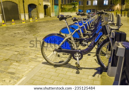 London City Bike Rental - Stock Image. Row of bikes for hire as part of a new scheme to encourage \