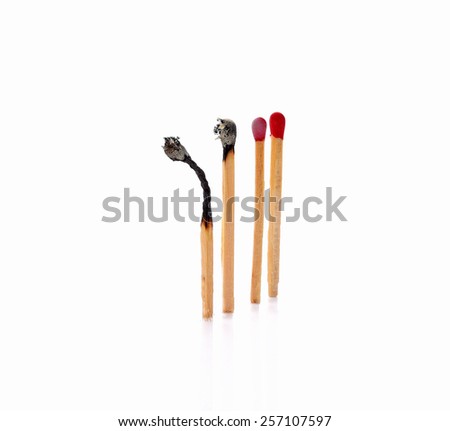 Set of burnt match at different stages isolated on white background