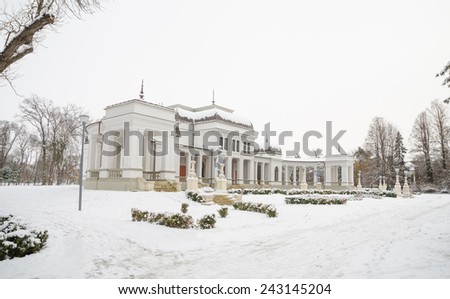 Cluj Napoca Central Park Casino on a winter day with white snow and trees with no leafs on the background in Transylvania region of Romania