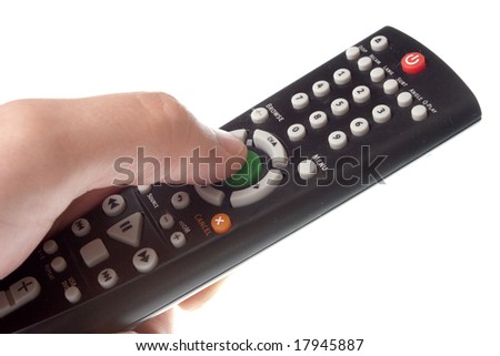 Black Infrared remote control in hand on a white background