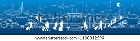 Transportation panoramic. Passengers enter and exit to the bus. Airport travel transportation infrastructure. The plane is on the runway. Night city on background, vector design art