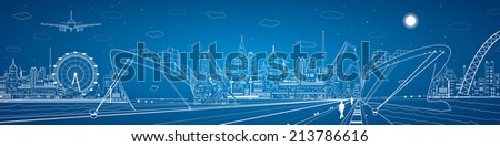 Vector industrial cargo port panorama, vector lines landscape, night city, ship on the water