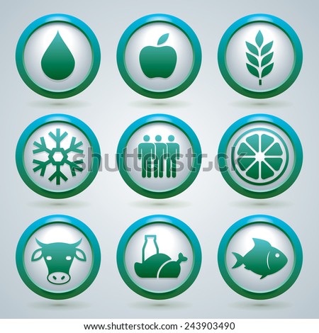 Food, fruit, meat, and fish vector icons set, design, nine web buttons