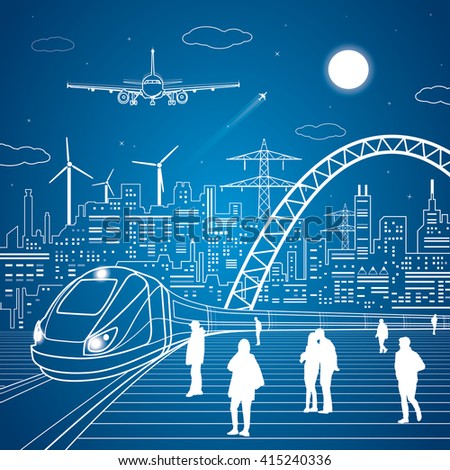 Train move, railway station, people waiting for the train, industrial and transport illustration, city infrastructure on background and big bridge, plane, vector design art