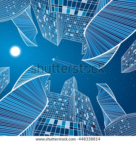 Business building, night city, urban scene, infrastructure illustration, modern architecture, skyscrapers, airplane flying, vector design art