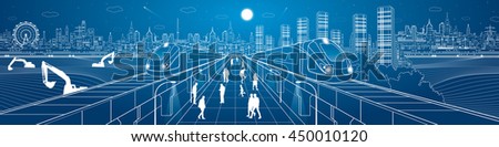 Mega infrastructure panorama city, train on the railway station, people walking on street, industrial and transportation illustration, night town, airplane flying, building scene, vector design art