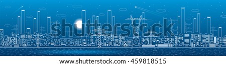 Power plant on the water, electricity lines, energy and industrial panoramic, infrastructure, vector design art