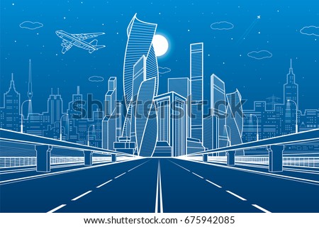Wide highway. Urban infrastructure illustration, futuristic city on background, modern architecture. Airplane fly. White lines on blue background, night scene, vector design art