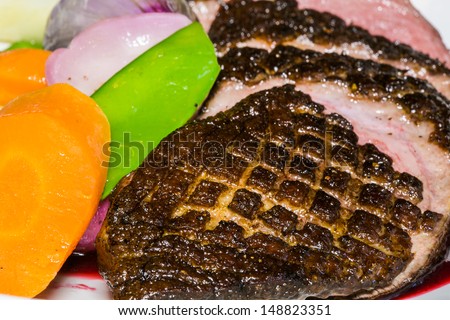 fried meat with vegetables, steak