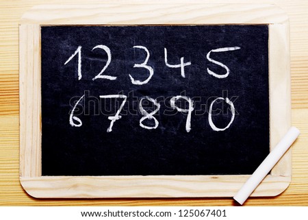 Black board with wooden frame. Numbers 1 to 0 written in chalk.