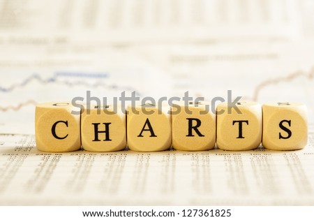 Concept of dices with letters forming word: Charts. On generic newspaper background with stock market numbers and some blurred charts. Dices made from wood with natural imperfections.