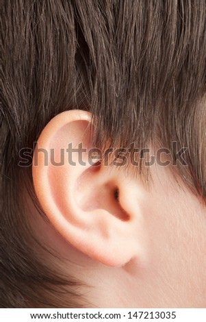 Closeup shot of a human ear, teenager (13 years old) Caucasian boy.