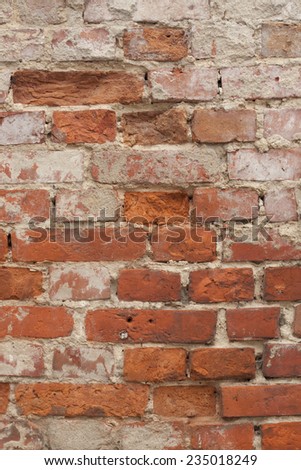 Outside wall of old buildings, made from bricks and mortar, decaying over a long time. Grunge background.