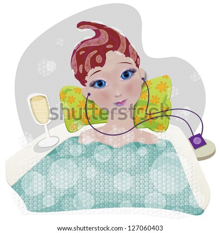 Illustration of a relaxing bath time - glass of bubbly wine and music on an MP3 player.