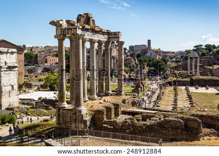 view of ancient ruins in roman forum in Rome, Lazio, Italy