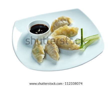 Dim-sum call Gyoza, asian tradition food.Fried Dumplings Chinese Style ..isolated on white background. clipping Path