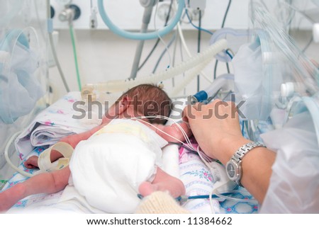 Hand of the physician and newborn in incubator  in hospital