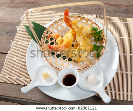 Japanese fried tempura with shrimp  in braided basket