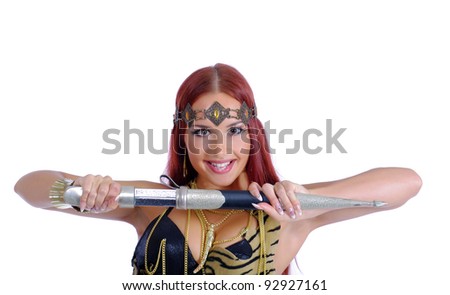 young warrior woman holding sword in her hand isolated on white background