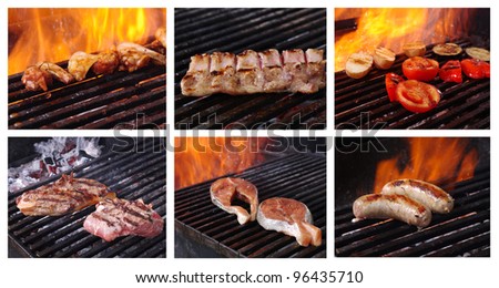 Food set cooking meat  barbecue. collage prepared on the barbecue grill