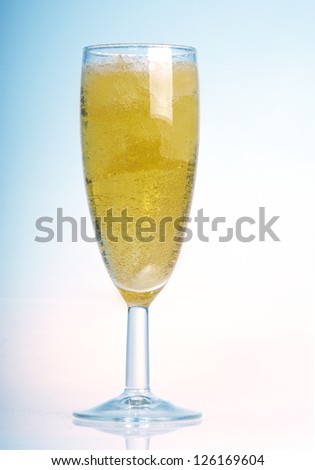 Closeup of the bubbles in a glass of champagne on white background