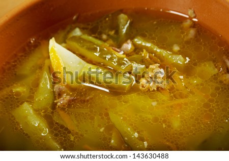Russian soup rassolnik .Meat soup with pickled cucumbers.Russian cuisine